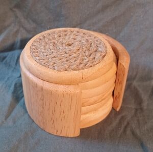 Vintage Kamenstein beechwood twine 6pc coaster & holder (060724A)